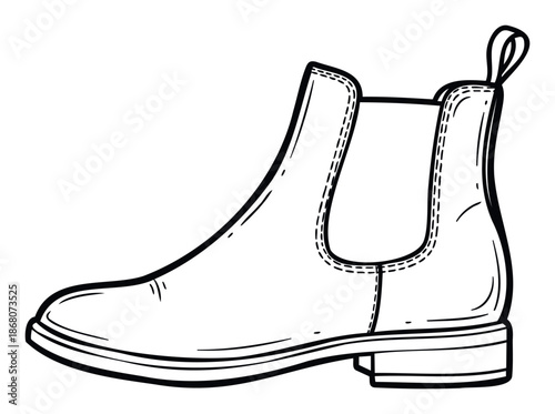 Black and white outline drawing of a classic Chelsea boot, perfect for footwear stores, apparel blogs, or shoe repair service advertisements requiring a simple yet stylish graphical element.