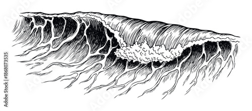 Dynamic handdrawn ocean wave breaking with powerful water movement perfect for extreme sports graphics, nature inspired projects, or surf culture apparel prints