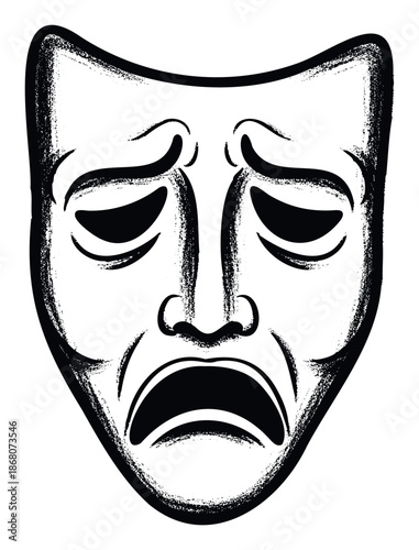 Elegant black and white tragic theater mask portraying profound sadness and dramatic emotion, perfect as a graphic symbol for performance arts or cultural designs