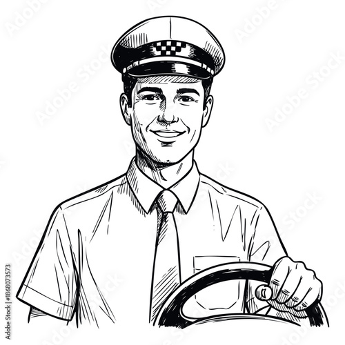 Smiling professional taxi driver in uniform and cap holding a steering wheel, ready to transport passengers safely for travel service businesses.