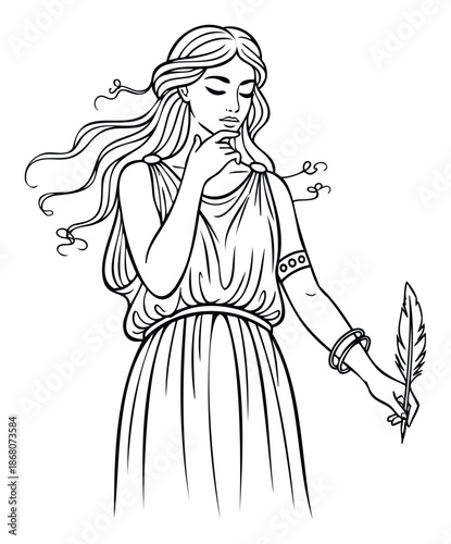 Pensive muse or goddess in classic drapery contemplating with a feather quill, ideal for educational materials, literary themes, or imaginative projects.