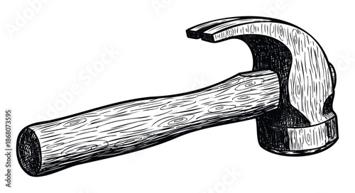 Detailed hand drawn claw hammer featuring a textured wooden handle, perfect for illustrating construction, carpentry, and home improvement projects and handyman workshop guides.