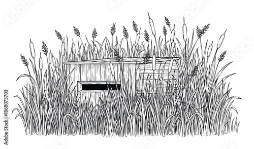 Line drawing of a secluded duck blind camouflaged among tall marsh reeds and cattails, ideal for hunting, nature, or wetland habitat themed publications and graphic applications.