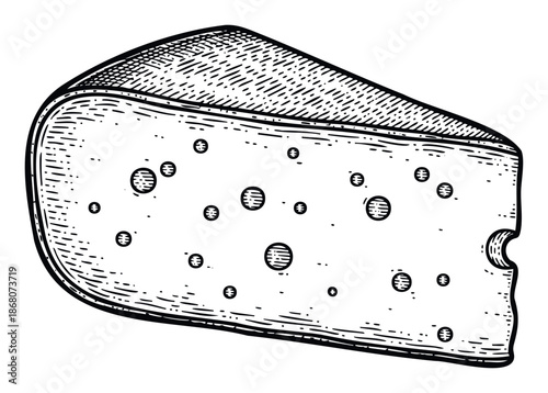 Delicious wedge of Swiss cheese with characteristic holes depicted in a vintage monochrome engraving technique, excellent for culinary publications, food branding, or restaurant promotions.