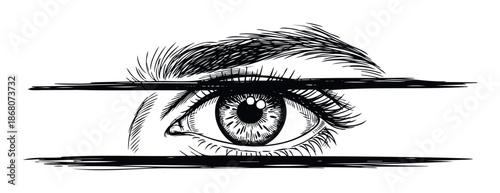 A black and white hand drawn human eye covered by two thick horizontal lines depicting themes of censorship privacy or limited vision for graphic design projects