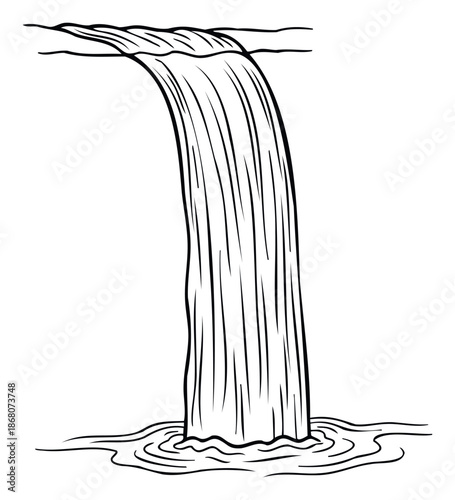 Flowing waterfall illustration captures the serene beauty of cascading water creating ripples below, ideal for naturethemed projects, educational materials, or environmental campaigns.