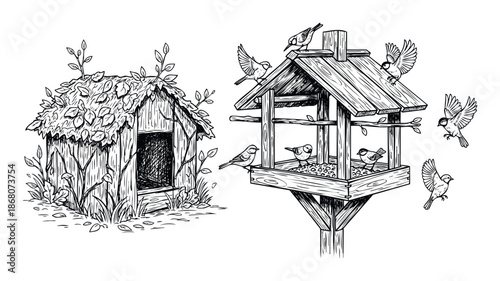 Hand drawn sketch of a rustic birdhouse and a wooden bird feeder with various small birds flying and eating seeds, perfect for nature and wildlife themed projects or educational materials.