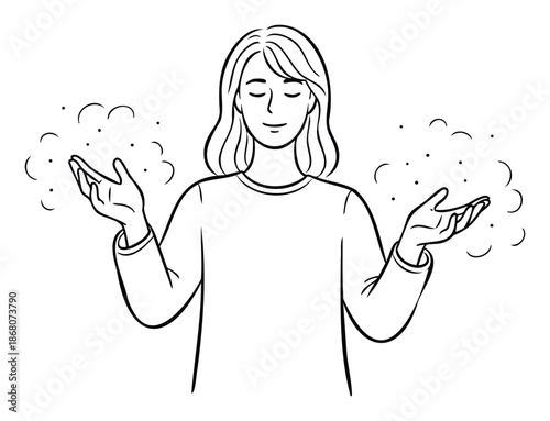 Serene woman with closed eyes and open hands showing ethereal energy with swirling particles, perfect for themes of peace, spirituality, meditation, and holistic wellbeing practices.