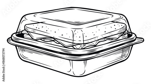 Line drawing of a prepared sandwich neatly packed in a clear plastic disposable container, perfect for illustrating quick meals, lunch specials, or takeout food options in menus and food