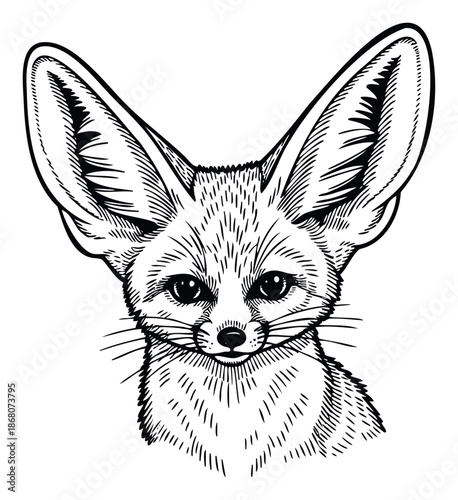 Fennec fox head graphic in a classic black and white style perfectly depicts desert wildlife for educational projects, childrens books, or animal enthusiast products.
