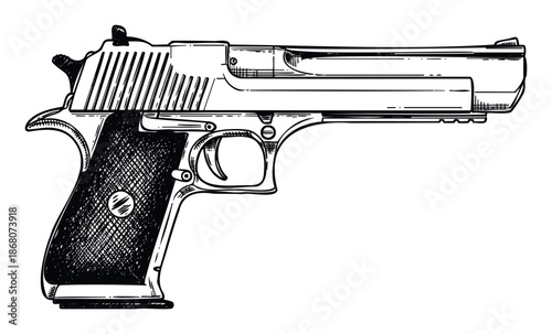 Detailed monochrome drawing of a largecaliber handgun suitable for crime drama presentations, tactical training materials, or selfdefense concepts