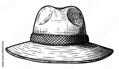 Stylish handdrawn fedora hat accessory perfect for mens fashion apparel branding, retro clothing graphics, or a sophisticated headwear print.