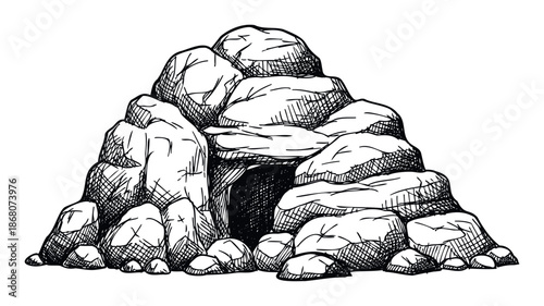 Hand drawn ink sketch of a rock cave entrance a natural stone den or grotto perfect for adventure gaming or architectural concept visualization