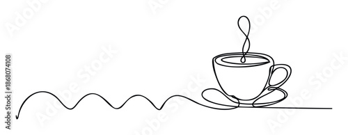Minimalist continuous line drawing of a steaming coffee cup on a saucer, suitable for modern cafe logos, drink menu graphics, or contemporary lifestyle promotion visuals.