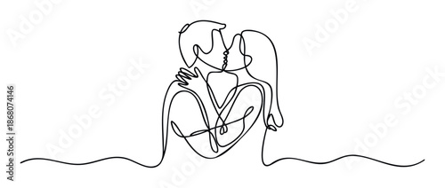 Continuous line drawing of a romantic couple sharing a tender kiss, symbolizing love and connection, perfect for valentines day or relationship themed projects