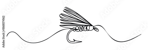 Elegant continuous line drawing of a detailed fishing fly and a flowing wave representing water, perfect for outdoor sports branding, angling club emblems, or naturethemed merchandise.