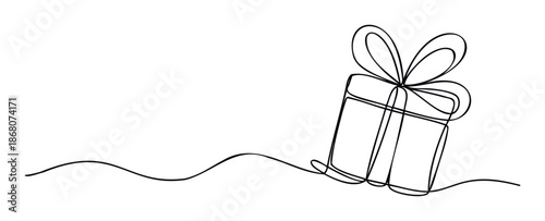 Minimalist continuous line drawing of a gift box with a bow sitting on a wavy surface perfect for holiday greetings celebration invitations or special event promotions.
