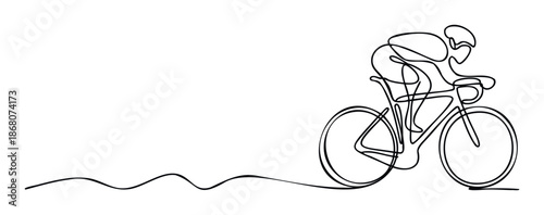 Dynamic continuous line depiction of a road cyclist in motion, suitable for athletic lifestyle branding, sports event promotions, and modern graphic applications