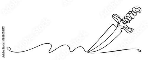 Elegant minimalist oneline drawing of a sharp pointed dagger emerging from a continuous flowing wavy line, ideal for impactful visual storytelling or martial arts themes.