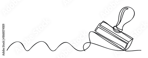 Minimalist continuous line drawing of a business rubber stamp creating a wavy trail, suitable for branding, document processing, official approval, or service guarantee concepts.