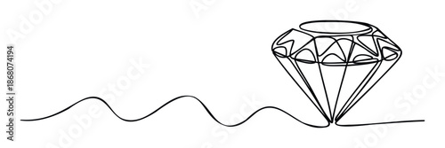 Continuous line drawing of a sparkling diamond on a wavy line representing a journey of value and growth, ideal for luxury branding, corporate presentations, or inspiring graphic design