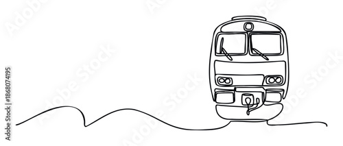 Continuous single line drawing of a modern passenger train or tram in a minimalist style, ideal for transportation industry branding, travel blog headers, or dynamic presentation slides.