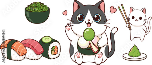 Japanese food and cartoon cats illustration, sushi, dango, bubble tea, wasabi, playful design, cute characters, cultural cuisine artwork asset