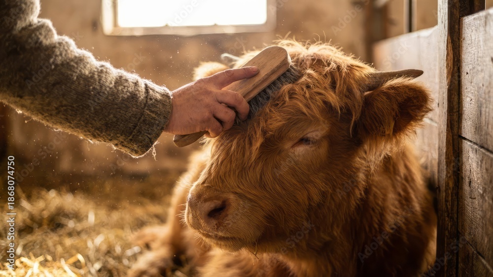 Fototapeta premium Grooming a Highland Cow in Barn Animal Care Farm Life Livestock. Concept featuring highland cow, grooming, barn, animal care, farm life.