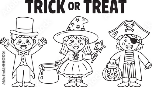 Halloween scene: Delightful children in charming costumes ready for trick or treat fun