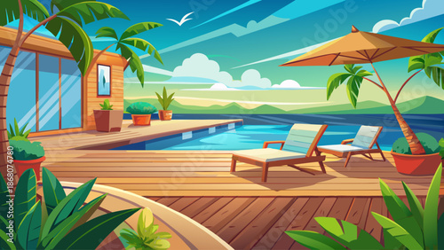 Coastal villa yard with wooden deck, lounge chairs, and ocean horizon view