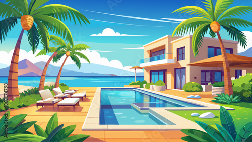 Luxury beachfront villa backyard with infinity pool overlooking turquoise ocean and palm trees