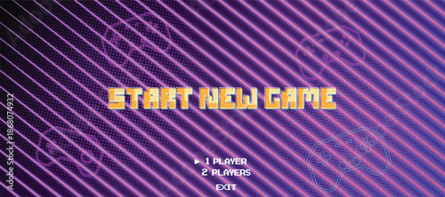 START NEW GAME. pixel art 8 bit. Retro Futurism Sci-Fi Background. glowing neon grid. and stars from vintage arcade computer games