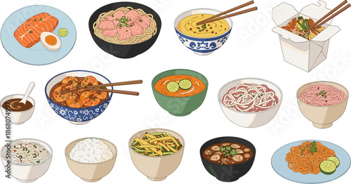 Asian food illustration set, noodle and rice dishes, fusion cuisine, colorful vector grid, culinary diversity, menu design, food culture artwork