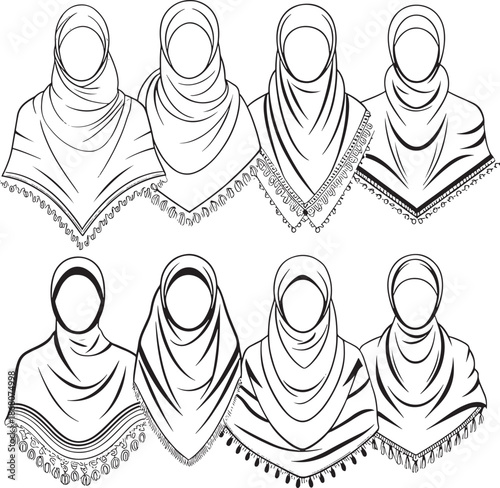 hijab styles and headscarves depicted in elegant line art