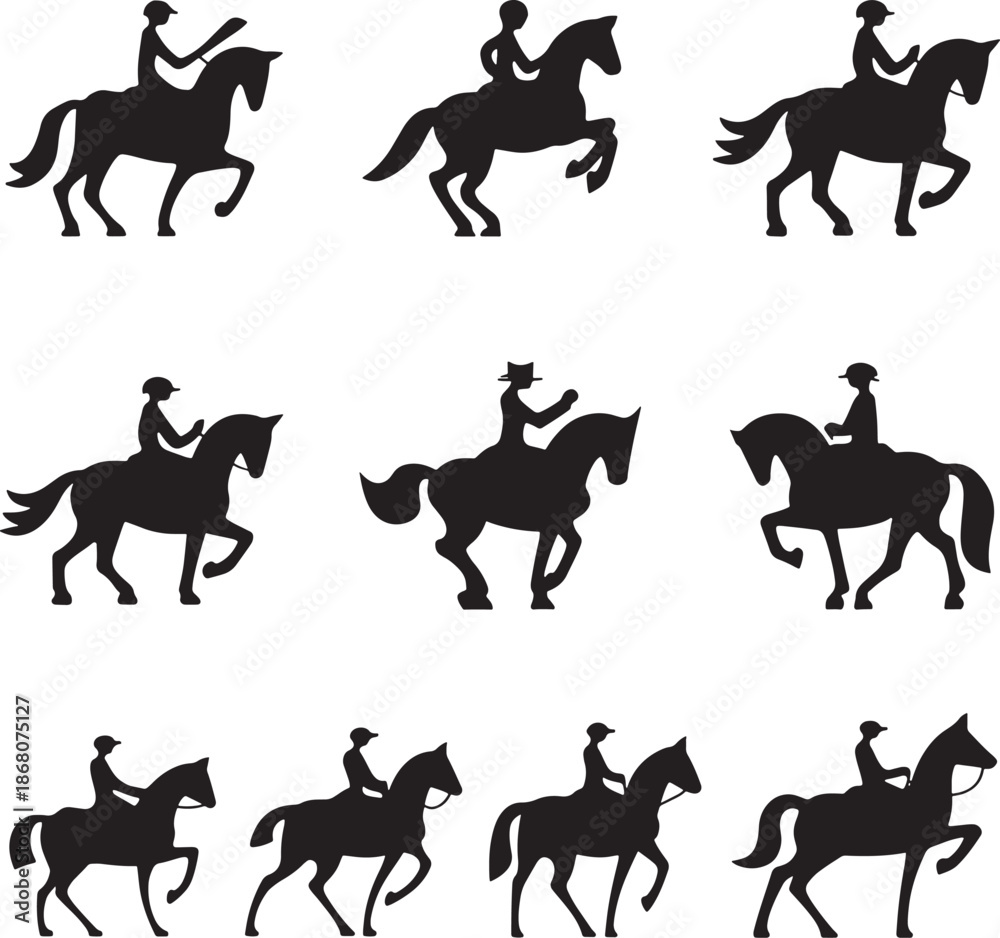 Fototapeta premium Horse rider icon bundle set black vector silhouette art clean white screen