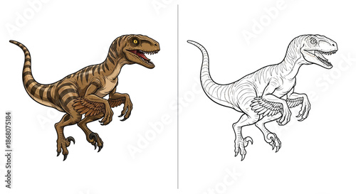Velociraptor Dinosaur Coloring Page With Striped Design and Line Art Comparison Side by Side
