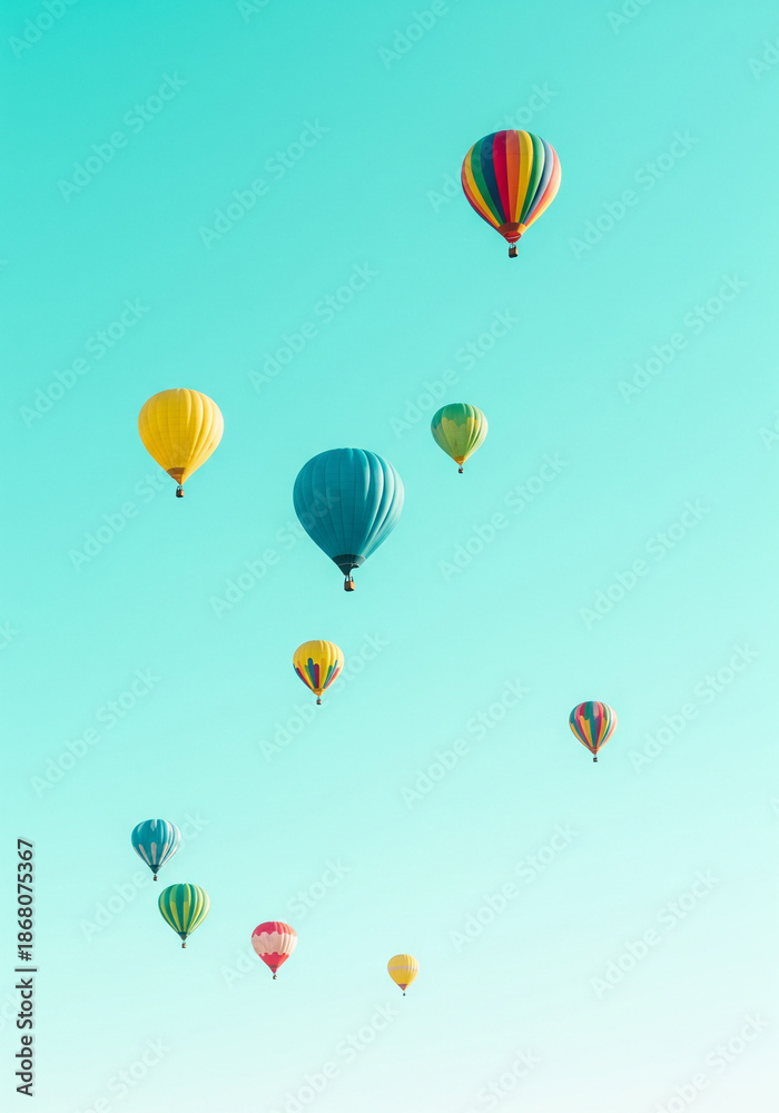 Fototapeta premium Bright sky background featuring vibrant hot air balloons floating gently