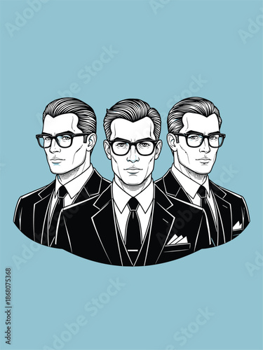 Three stylish men in suits and glasses posing together.