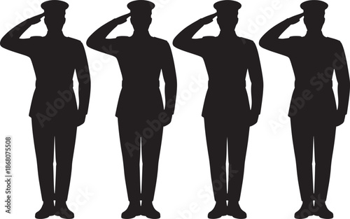 military personnel saluting Four soldiers in uniform saluting with their hands raised