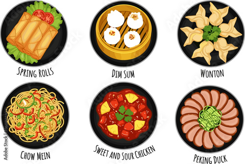 Chinese food illustration set, traditional dishes, spring rolls, dim sum, wonton, chow mein, sweet sour chicken, Peking duck, culinary artwork
