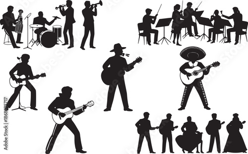 Diverse musical ensembles depicted in silhouette form