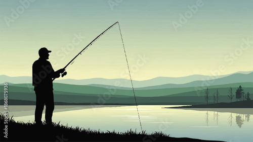Man Fishing by Serene Lake at Dusk.