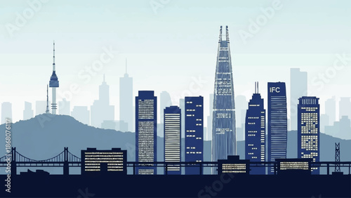 Modern City Skyline with Tall Buildings.