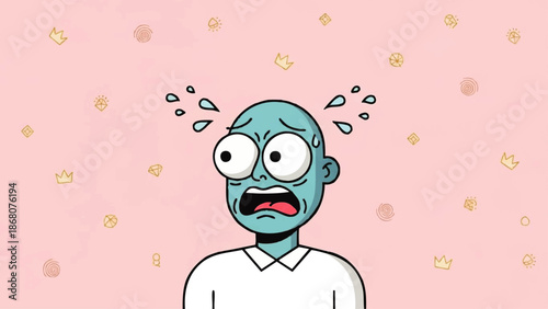 Stressed Cartoon Man with Sweat Droplets.
