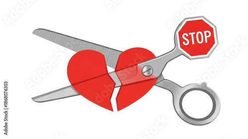 A vector graphic illustration of scissors cutting a heart with a stop sign attached