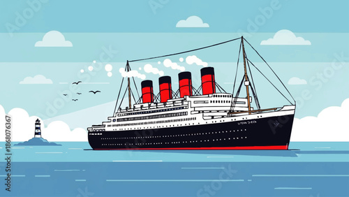Vintage Ocean Liner Ship at Sea.