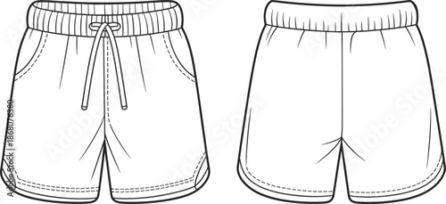Casual shorts line art illustration, front and back view apparel outline, modern elastic waist shorts fashion drawing for clothing design, tailoring, and textile production
