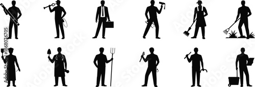 Professional workers silhouette set illustration, various occupations and tools, black human figures representing jobs, careers, labor, and industry concepts for design