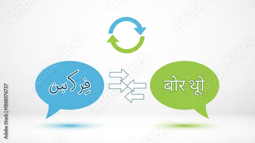 A vector graphic illustrating language translation with speech bubbles and a circular arrow