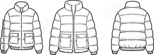 Puffer jacket line art illustration set, front open and back views winter outerwear outline, modern insulated coat technical drawing for apparel design and production